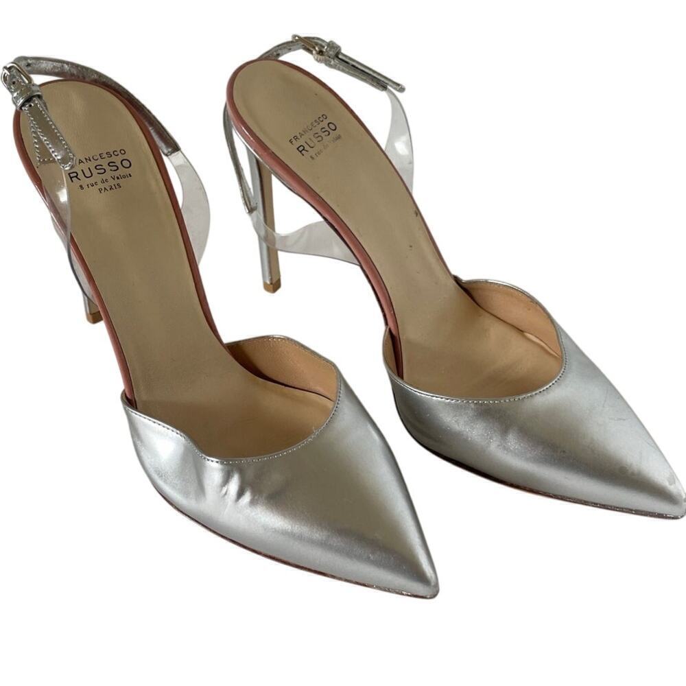 Francesco Russo Silver and PVC Slingback Pointy Toe Pumps • Size 38